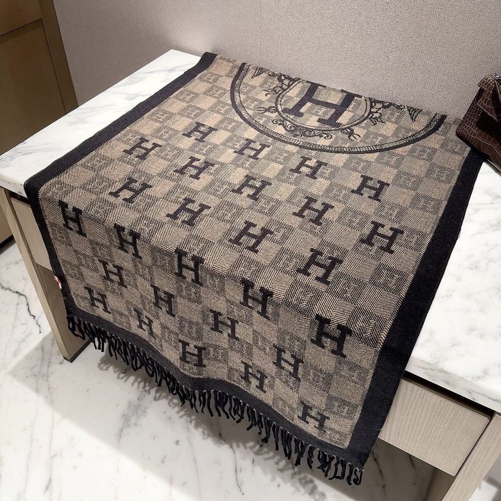 Hermes Brown & Black Signature H Wool Fringe Scarf